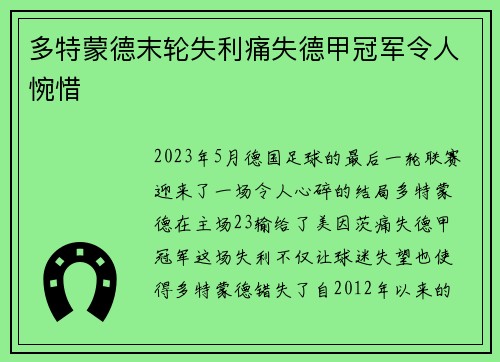 多特蒙德末轮失利痛失德甲冠军令人惋惜 多特蒙德末轮失利痛失德甲冠军令人惋惜