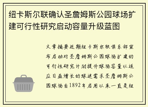 纽卡斯尔联确认圣詹姆斯公园球场扩建可行性研究启动容量升级蓝图